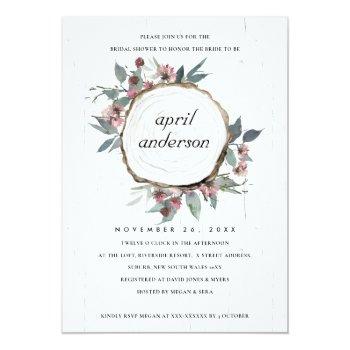 Rustic Wood Slice Pink Floral Bridal Shower Invite Front View