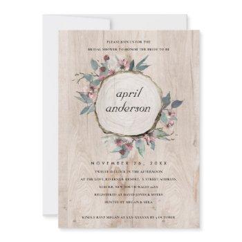 rustic wood slice pink floral bridal shower invite