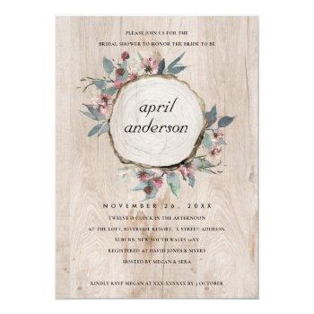 Rustic Wood Slice Pink Floral Bridal Shower Invite Front View
