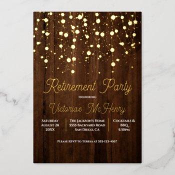 rustic wood string of lights retirement party foil invitation