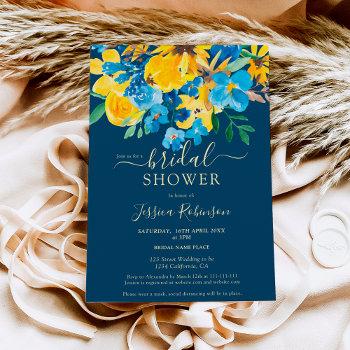 rustic yellow blue floral watercolor bridal shower invitation