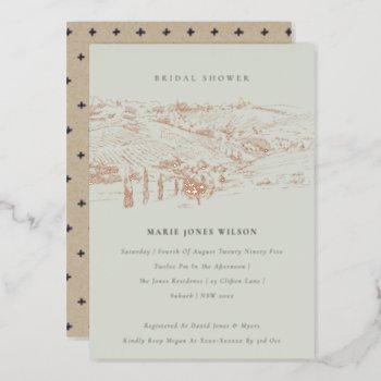 saga green rose gold winery sketch bridal shower foil invitation