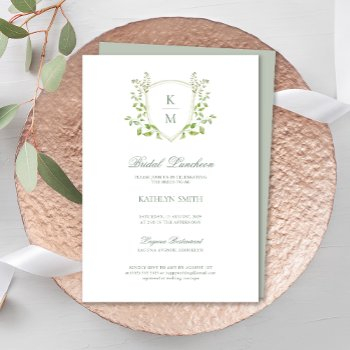 sage green crest monogram modern bridal luncheon invitation