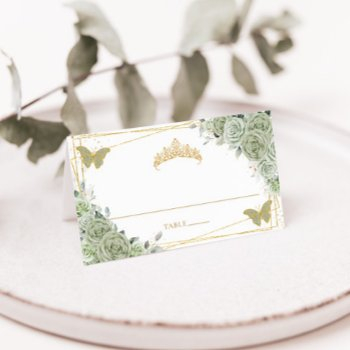 sage green floral butterflies quinceañera birthday place card