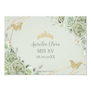 Sage Green Floral Gold Quinceañera Princess Dress Rsvp Card Front View