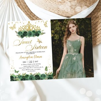sage green floral gold sweet sixteen 16 birthday invitation