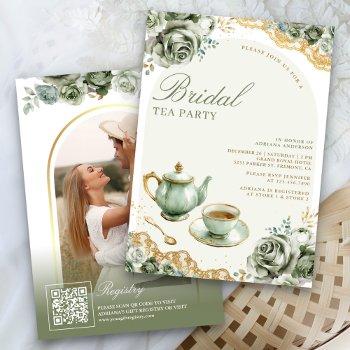 sage green roses floral tea party bridal shower invitation