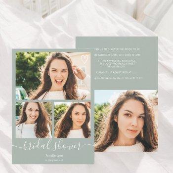 sage green script heart 4 photos bridal shower invitation