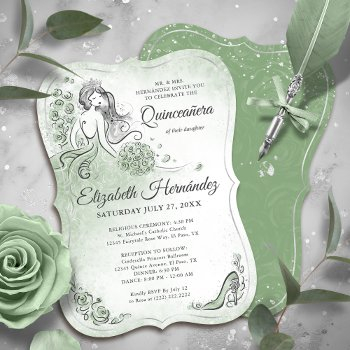 sage green silver princess quinceanera birthday invitation