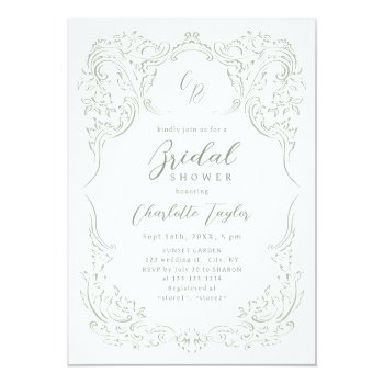 Sage Vintage Flourish Monogram Bridal Shower Invitation Front View