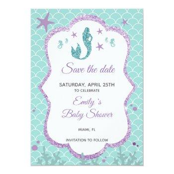 Save The Date Mermaid Glitter Purple Teal Front View