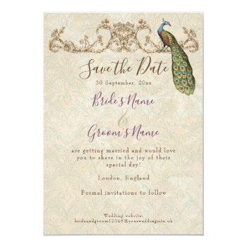 Save The Date, Vintage Peacock & Etchings Wedding Invitation Front View