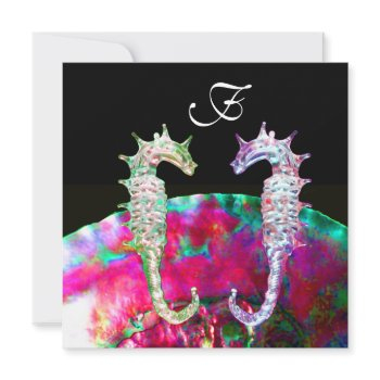 seahorses beach wedding monogram, pink blue black invitation
