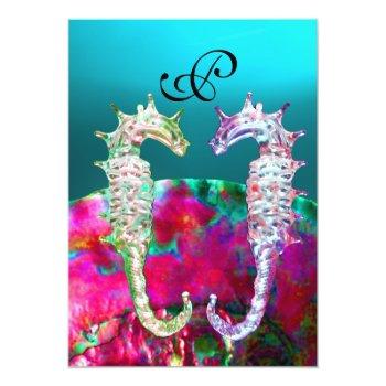 Seahorses Beach Wedding Monogram, Pink Blue Black Invitation Front View