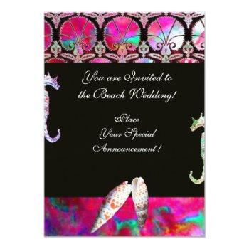 Seahorses Beach Wedding Monogram, Pink Blue Black Invitation Front View