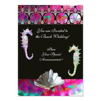 Seahorses Beach Wedding Monogram, Pink Blue Black Invitation Front View