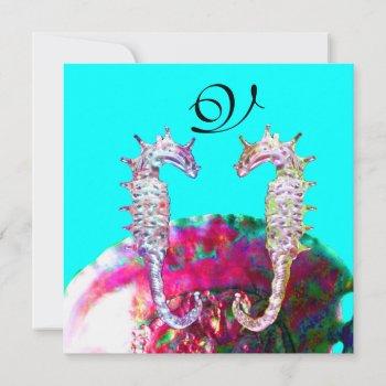 seahorses beach wedding monogram, pink blue black invitation