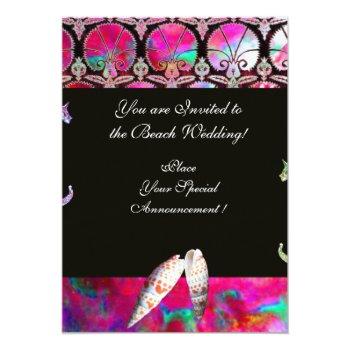 Seahorses Beach Wedding Monogram, Pink Blue Black Invitation Front View