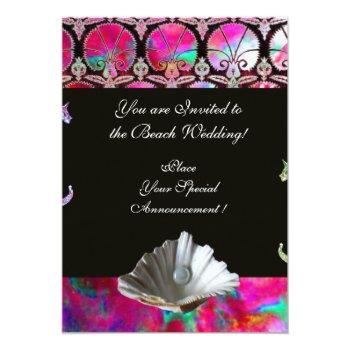 Seahorses Beach Wedding Monogram, Pink Blue Black Invitation Front View