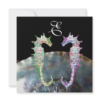 seahorses beach wedding monogram, pink white black invitation