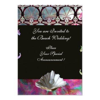 Seahorses Beach Wedding Monogram, Pink White Black Invitation Front View