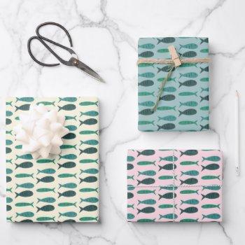 seaside soiree three fishes modern cute custom wrapping paper sheets