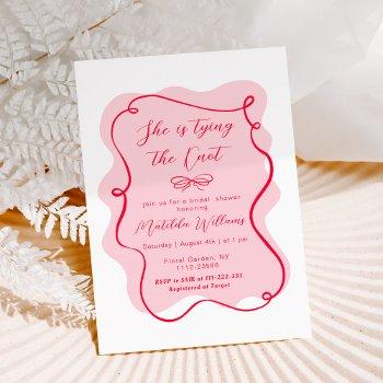 she is tying the knot pink red bow bridal shower invitation