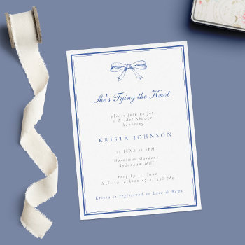 she's tying the knot blue bow bridal shower invitation