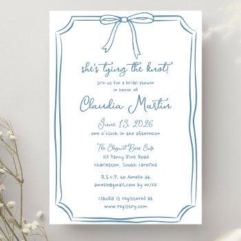 she's tying the knot dusty blue bow bridal shower invitation