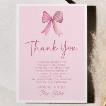 she's tying the knot pink bow bridal shower thank you card