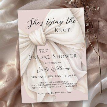 she's tying the knot white bow bridal shower invitation