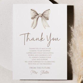 She's Tying The Knot White Bow Bridal Shower Thank You Card Front View