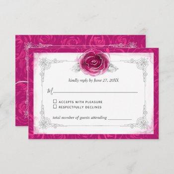 silver and fuchsia roses elegant rsvp card