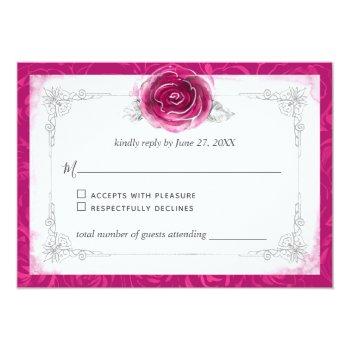 Silver And Fuchsia Roses Elegant Rsvp Card Front View