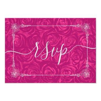 Silver And Fuchsia Roses Elegant Rsvp Card Front View