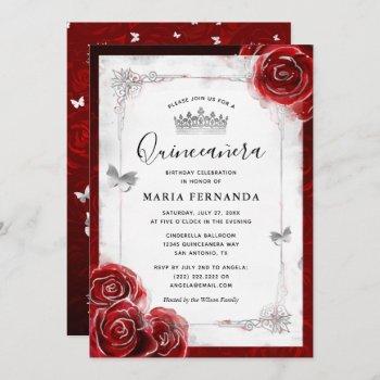 silver and red rose elegant quinceanera invitation