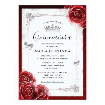 Silver And Red Rose Elegant Quinceanera Invitation Front View