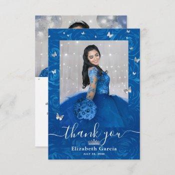 silver and royal blue quinceañera 2 photo birthday thank you card