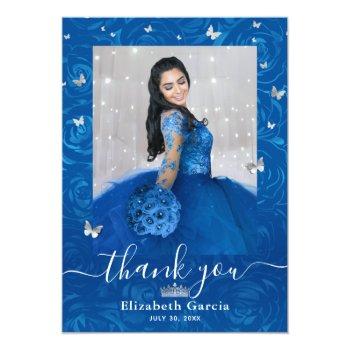 Silver And Royal Blue Quinceañera 2 Photo Birthday Thank You Card Front View