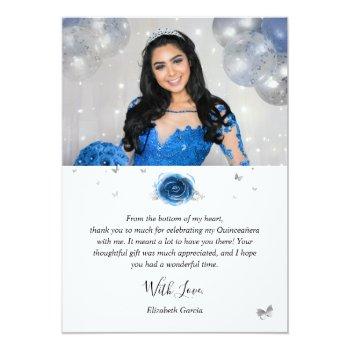 Silver And Royal Blue Quinceañera 2 Photo Birthday Thank You Card Front View