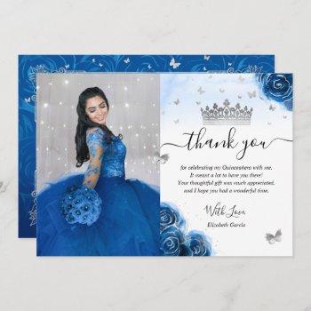 silver and royal blue quinceañera photo birthday thank you card