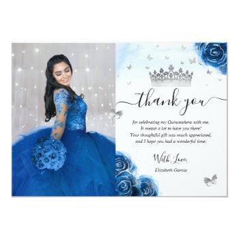 Silver And Royal Blue Quinceañera Photo Birthday Thank You Card Front View