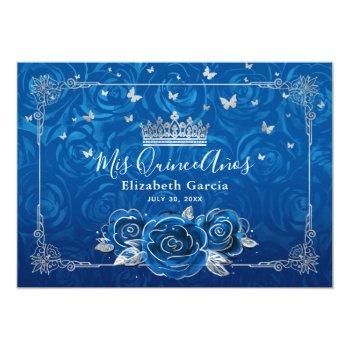 Silver And Royal Blue Quinceañera Photo Birthday Thank You Card Front View