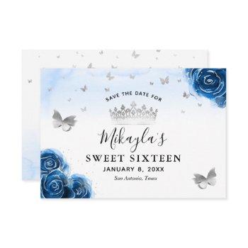 silver and royal blue roses elegant save the date
