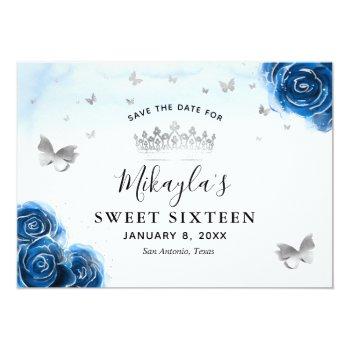 Silver And Royal Blue Roses Elegant Save The Date Front View