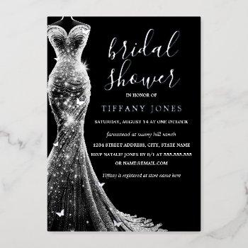 silver black butterfly dress bridal shower  foil invitation