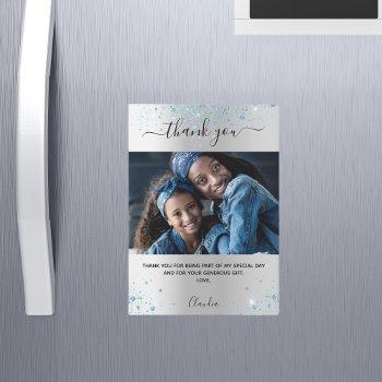 Silver Blue Glitter Photo Thank You Magnet Front View