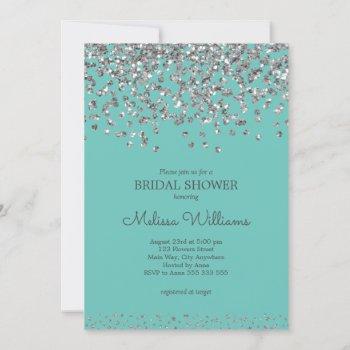 silver confetti teal elegant modern bridal shower invitation