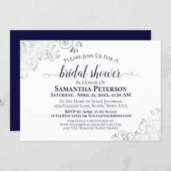 silver curls navy blue elegant white bridal shower invitation