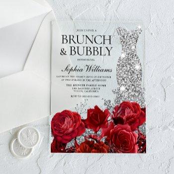 silver dress red rose brunch bubbly bridal shower  acrylic invitations